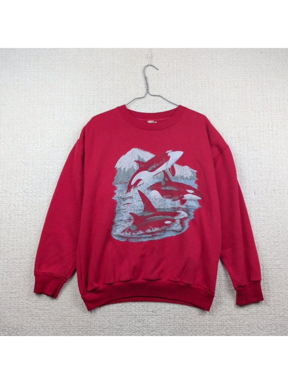 Vintage Sportsman Sweatshirt Mens M Red Fleece Crewneck Space Orca Whale Graphic